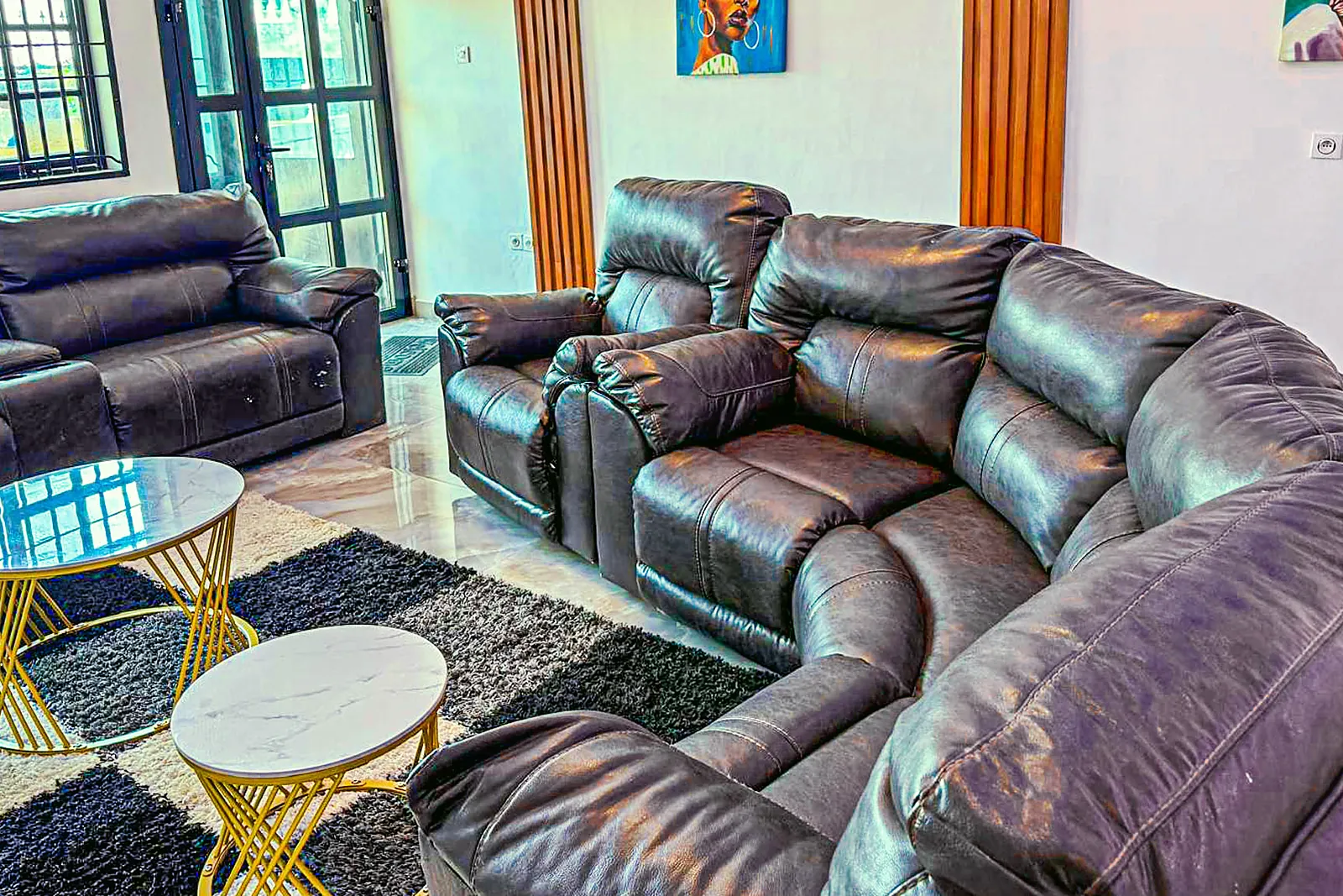 Living room of the villa, looking towards the dining table